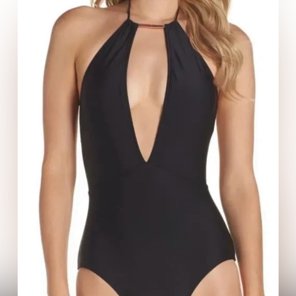 Ted Baker Black Spaghetti Strap Pikaa Halter One Piece Swimsuit Sz 3 US 8